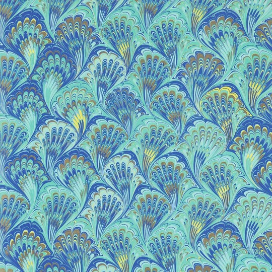 Blue and Aqua Marbeled Feathers Italian Print Paper with Golden Highlights ~ Carta Fiorentina Italy